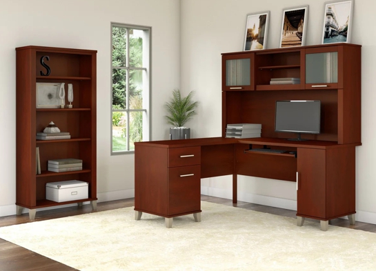 L shaped computer desk with 5 shelf bookcase 60W space view hansen cherry