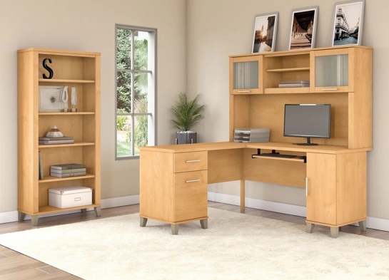 L shaped computer desk with 5 shelf bookcase 60W space view maple cross