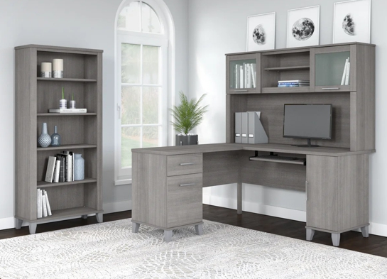 L shaped computer desk with 5 shelf bookcase 60W space view platinum gray