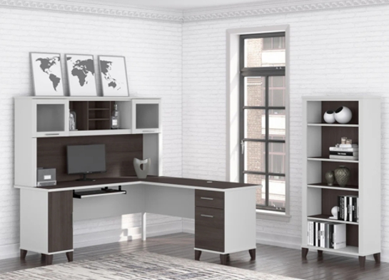 L shaped computer desk with 5 shelf bookcase 72 w space view storm gray white L shaped computer desk with 5 shelf bookcase 72 w space view storm gray white