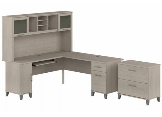 L shaped computer desk with traditional file cabinet 72 w highlight sand oak 2