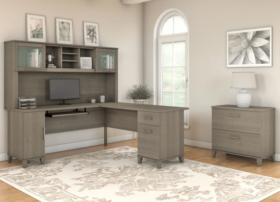 L shaped computer desk with traditional file cabinet 72 w space view ash gray 1