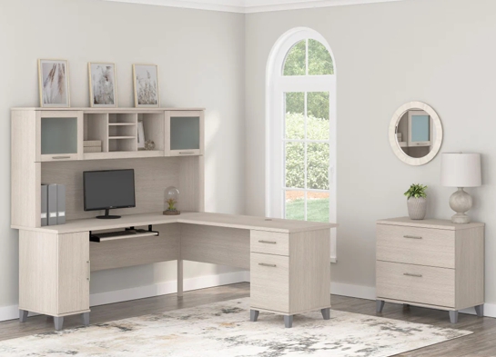 L shaped computer desk with traditional file cabinet 72 w space view sand oak 2