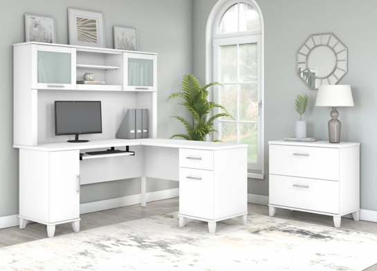 L shaped computer desk with traditional file cabinet 72 w space view white 1
