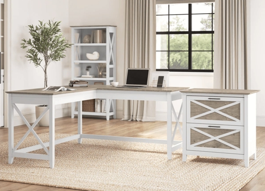 L shaped desk and file cabinet space view shiplap gray pure white L shaped desk and file cabinet space view shiplap gray pure white