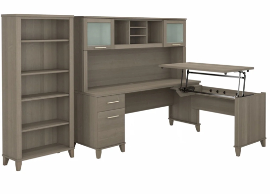 Modern office standing desk with 5 shelf bookcase highlight view ash gray