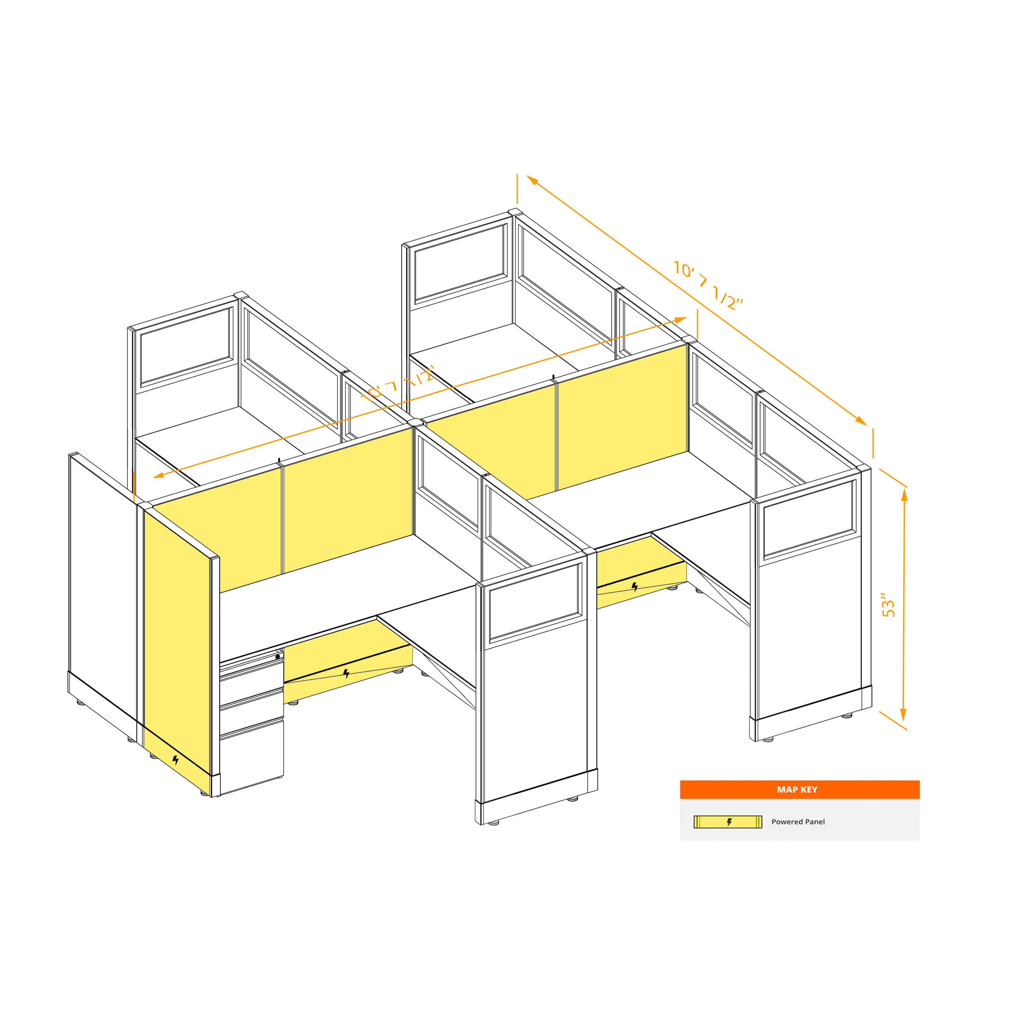 Modular furniture 53h with partial glass panels powered CUB 4C 53 P 55 PGL ESP WH PSO2