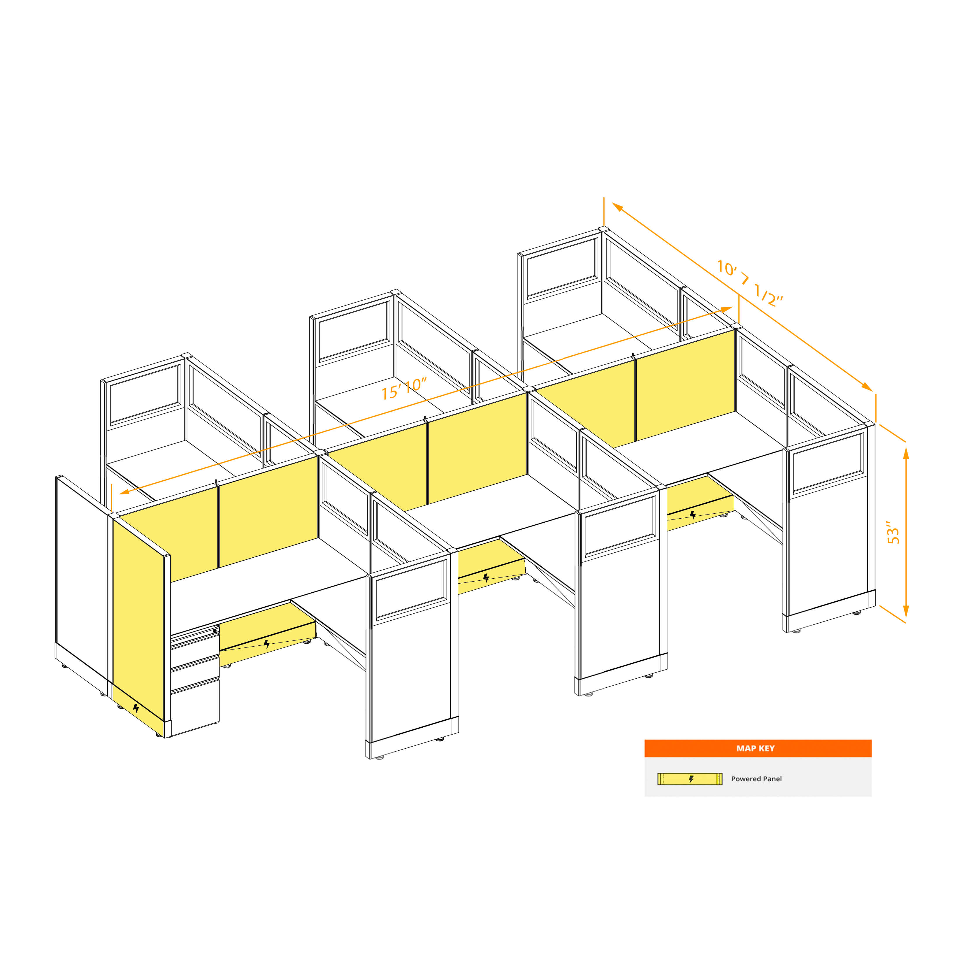 Modular furniture 53h with partial glass panels powered CUB 6C 53 P 55 PGL ESP WH PSO2