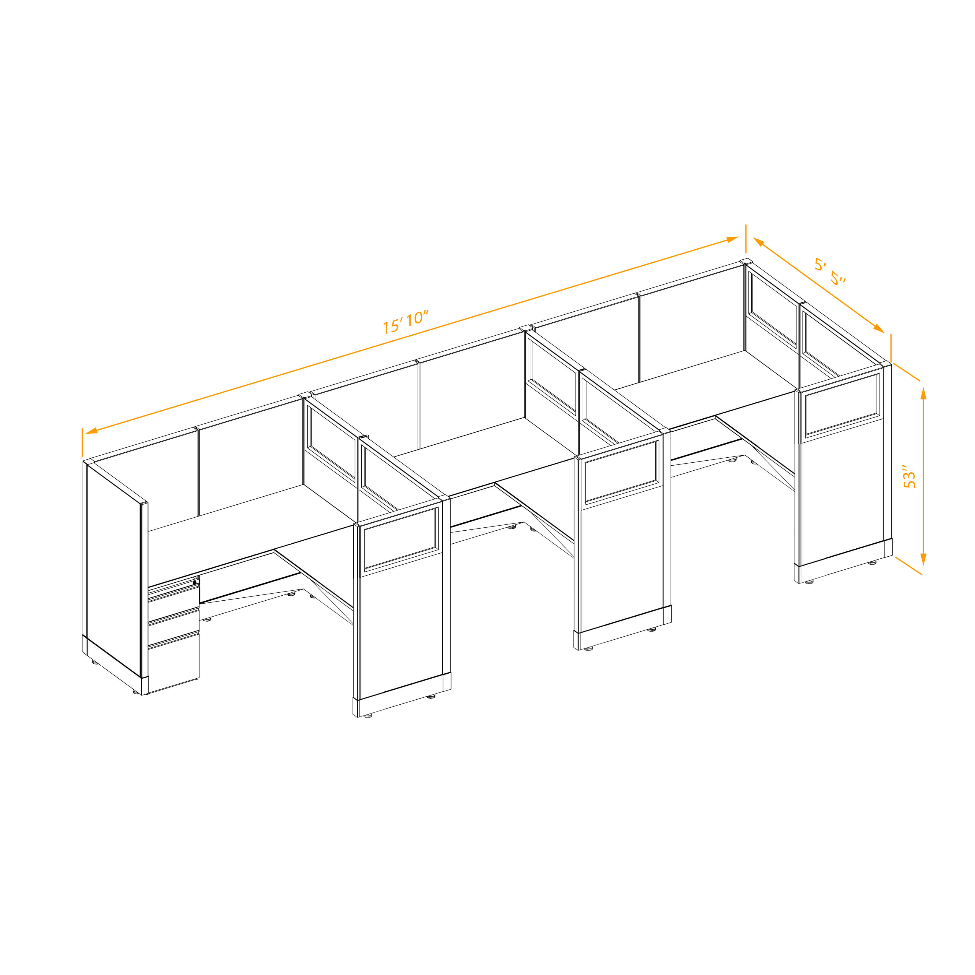 Office workstations 53h with partial glass panels unpowered CUB 3I 53 NP 55 PGL ESP WH PSO2