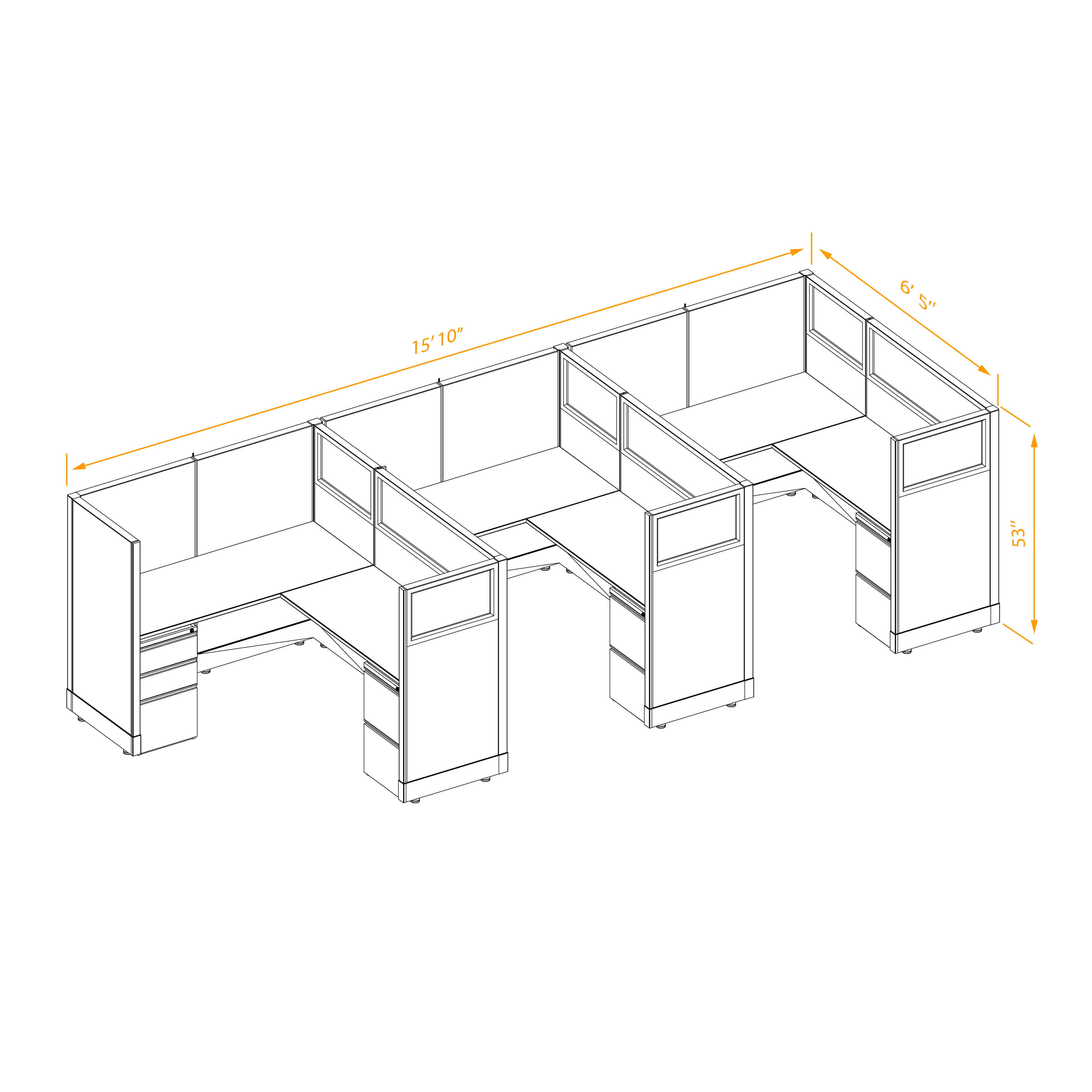 Office workstations 53h with partial glass panels unpowered CUB 3I 53 NP 56 PGL ESP WH PSO2