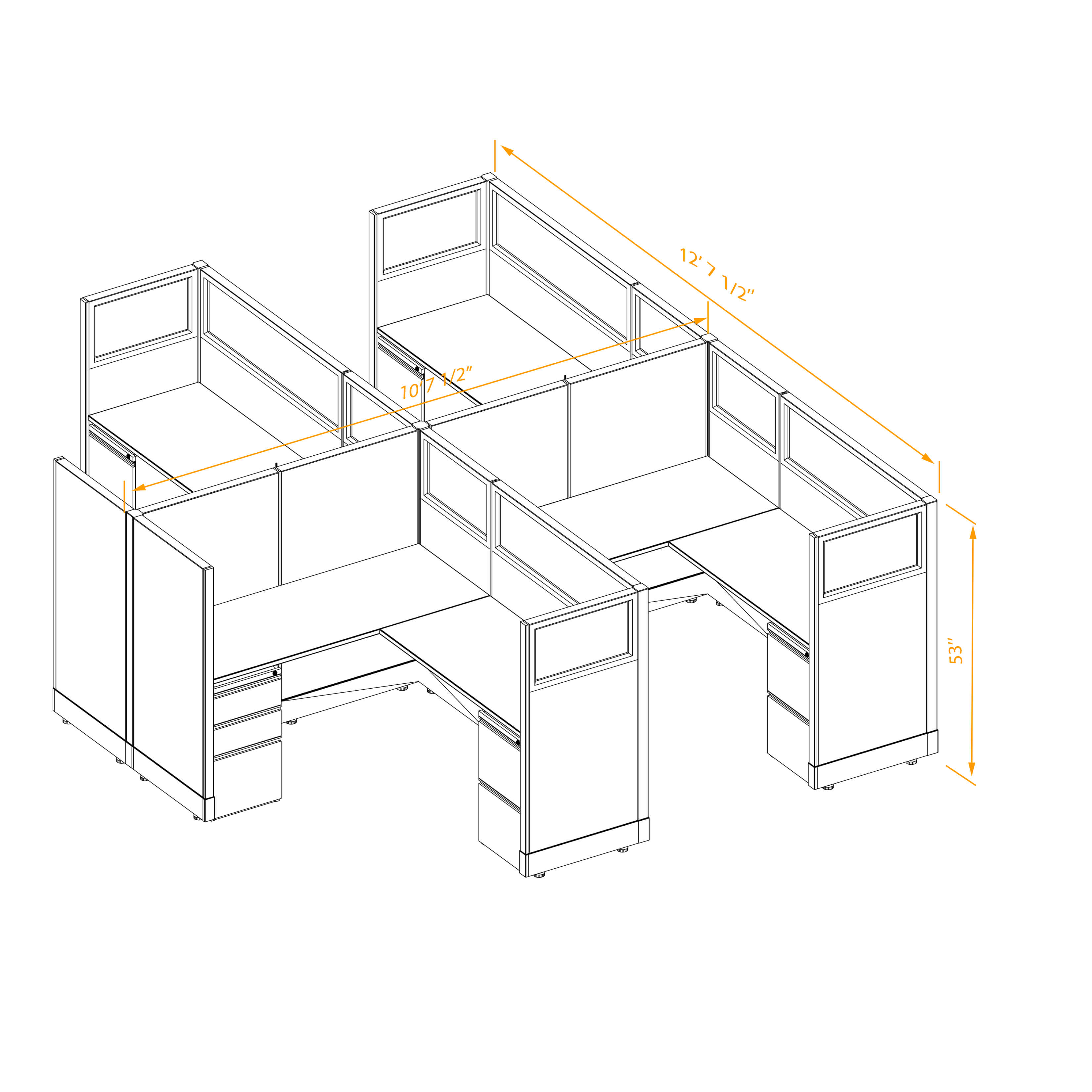 Office workstations 53h with partial glass panels unpowered CUB 4C 53 NP 56 PGL ESP WH PSO2