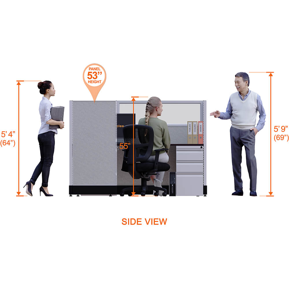 Partial glass office cubicles 53h single side view heights