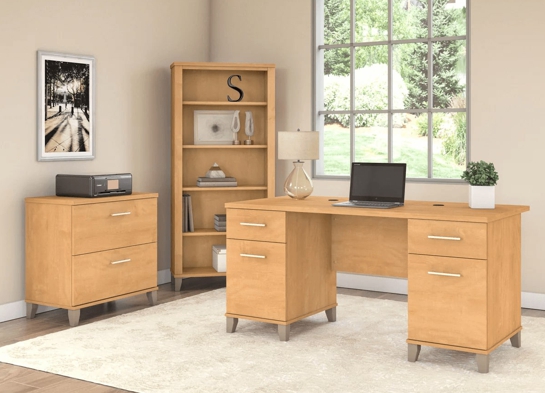 Office desk with 2 file drawers and 5 shelf bookcase space view maple cross