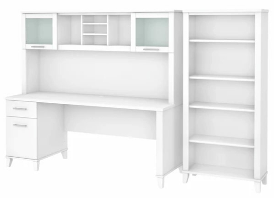Office desk with hutch and 5 shelf bookcase highlight view white 1
