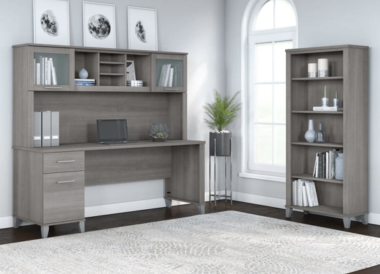 Office desk with hutch and 5 shelf bookcase space view platinum gray 1