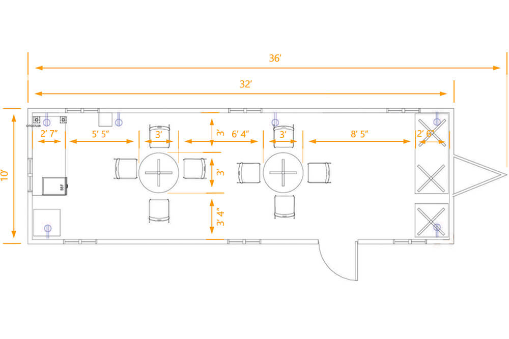 Breakroom trailer floor plan round tables