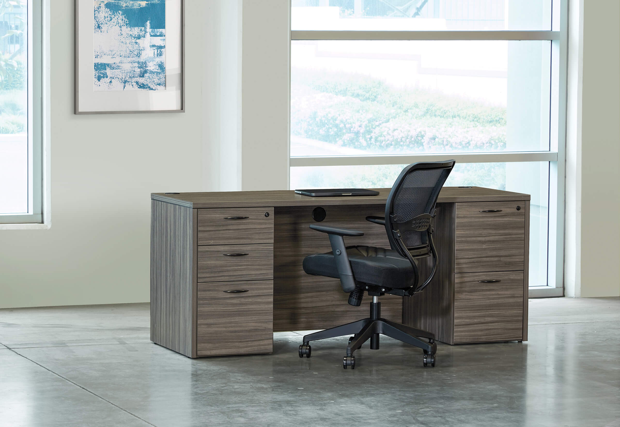 Straight office desk contemporary office desk laminate office desk urban walnut space view 1 1