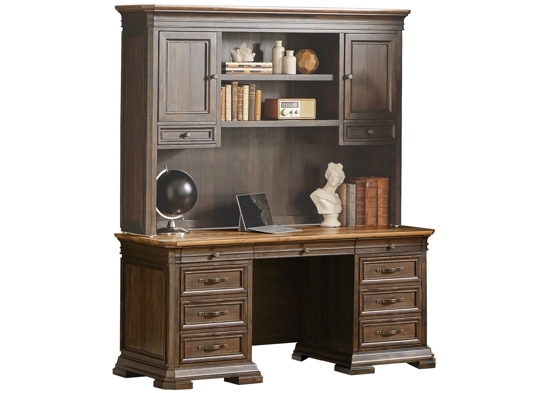 Straight office desk straight desk with hutch rustic wood credenza angle view 1