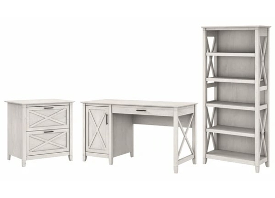 West style desk with drawer file cabinet and 5 shelf bookcase highlight linen white oak