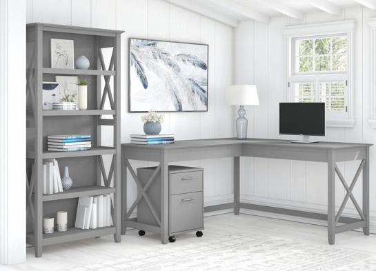 Western l shaped desk with 5 shelf wooden bookcase space view cape cod gray Western l shaped desk with 5 shelf wooden bookcase space view cape cod gray