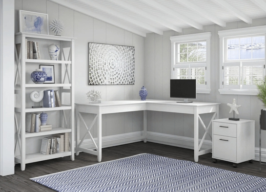 Western l shaped desk with 5 shelf wooden bookcase space view pure white oak Western l shaped desk with 5 shelf wooden bookcase space view pure white oak