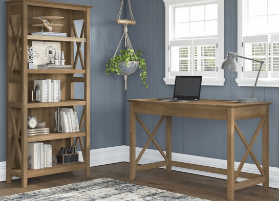 Western style desk with drawer lateral file cabinet and 5 shelf bookcase space view reclaimed pine