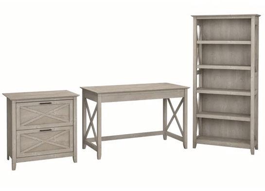 Western style desk with drawer lateral file cabinet and 5 shelf bookcase washed gray