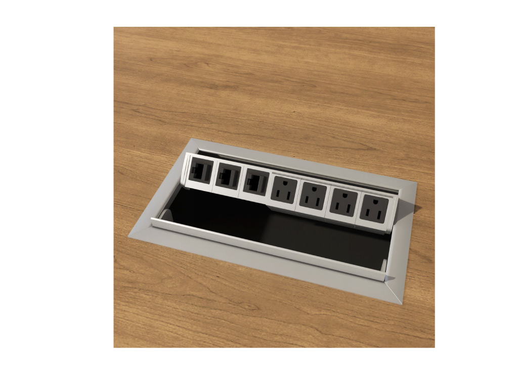 Boardroom furniture from Logiflex can feature tabletop access to power&nbsp;or data in various configurations.